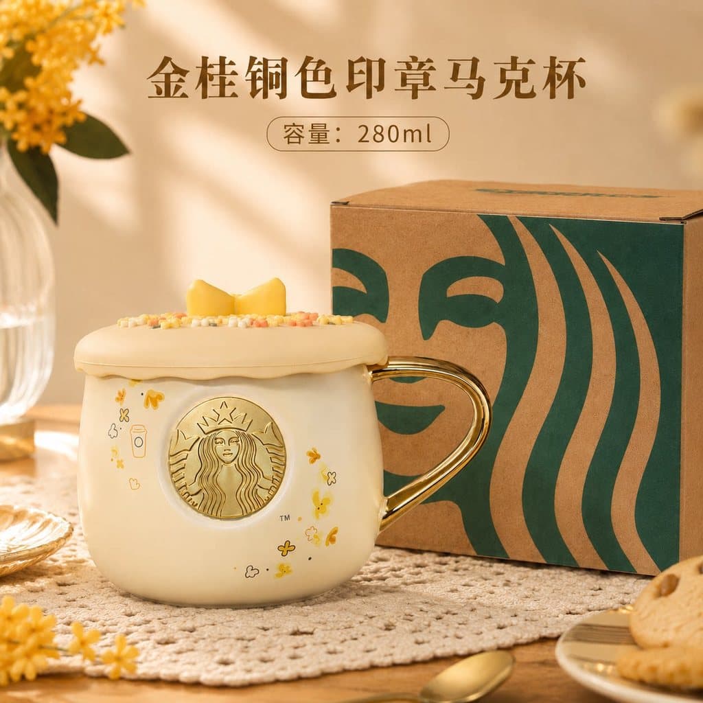 Starbucks copo dourado canela cobre cor selo caneca Osmanthus de alto valor com tampa xícara de café cerâmica copo de ág