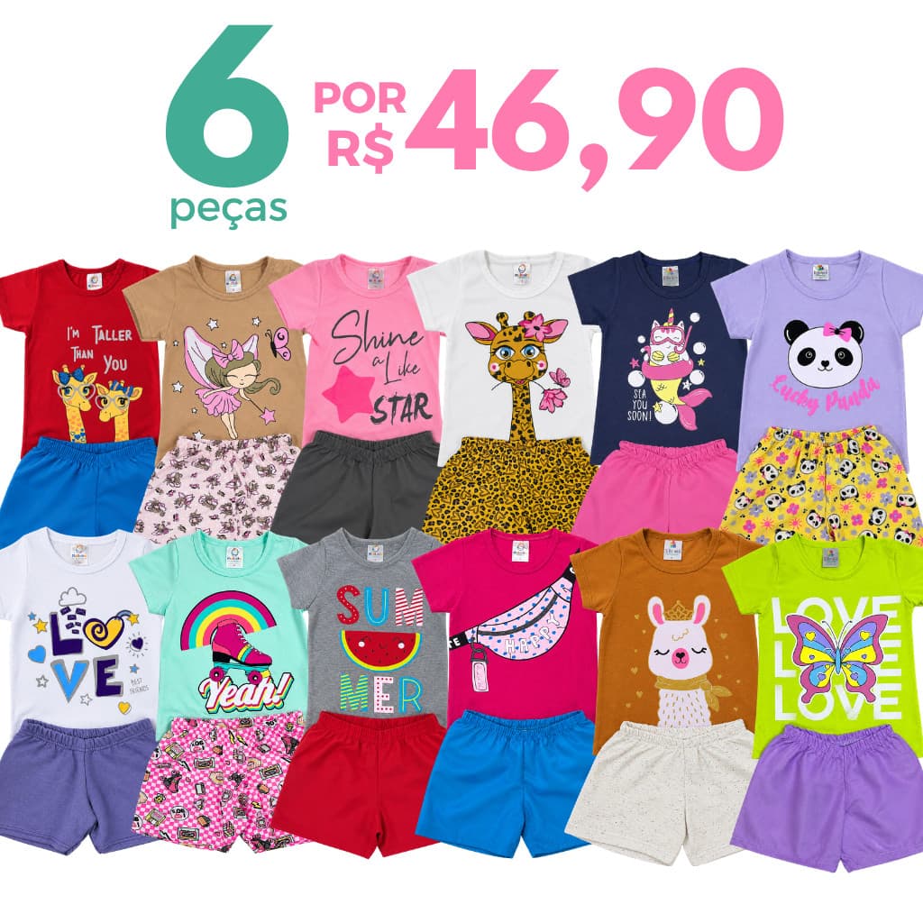 Kit 6 peças Conjunto Verão Roupa Menina Infantil 3 Camiseta e 3 Shorts/Bermudas Sortidos