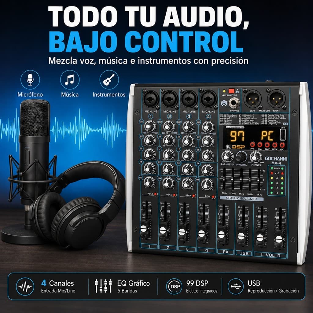 Mesa de Som Profissional MX4 4 Canais 99 DSP Interface USB Bluetooth 48V Bivolt Phantom