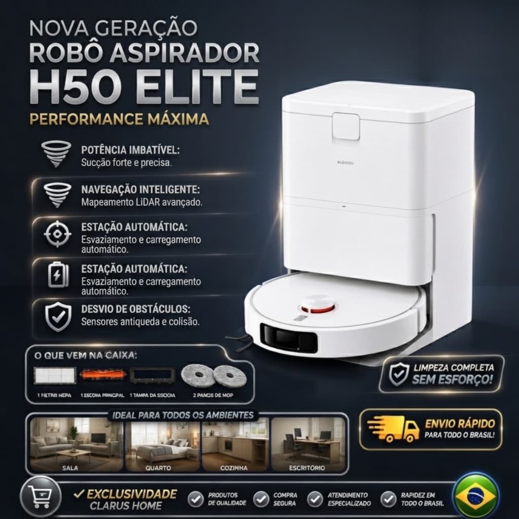 Robô Aspirador H50 Pro 15000Pa Ultra Potente Base Auto Limpante Mapeamento Inteligente 2026