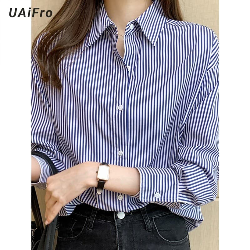 Camisa listrada azul feminina 2025 primavera outono novo estilo Design nicho camisa manga longa All-Match solto estilo H