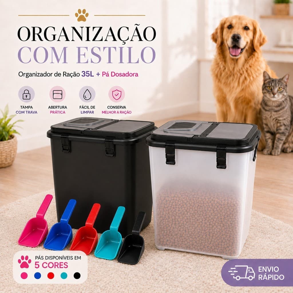Porta Ração 15KG 35 Litros Ração de Cachorro Gato com Pá Dosadora