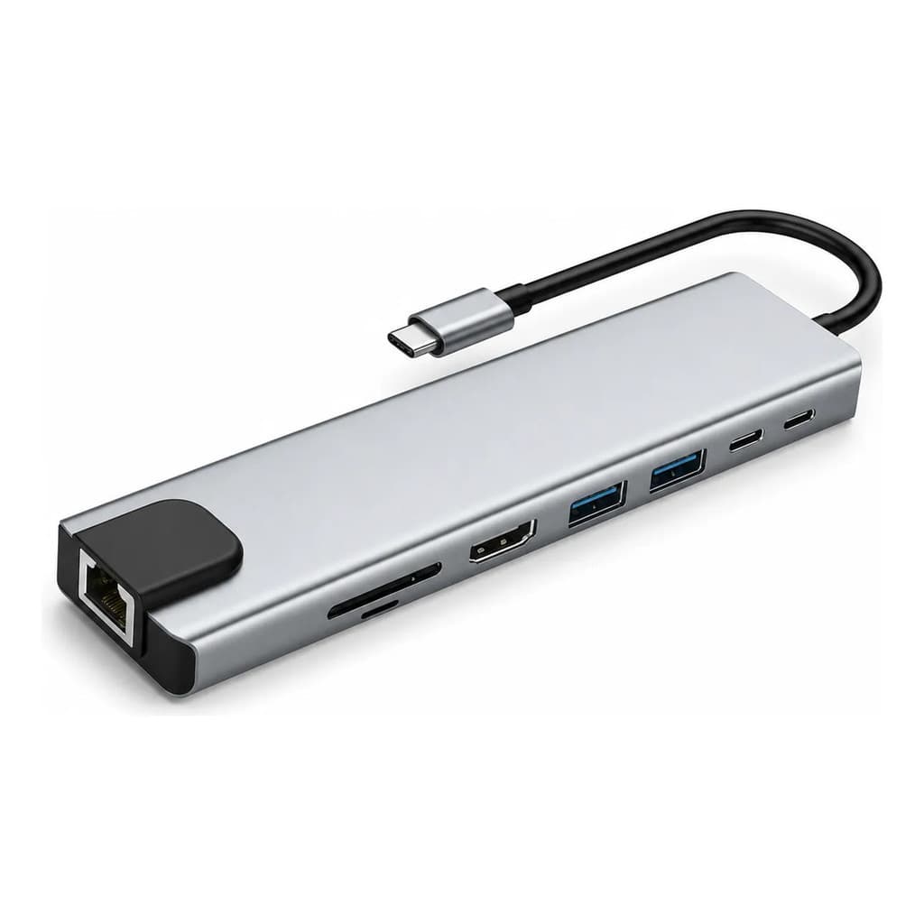 Adaptador Hub USB C 8 em 1 HDMI 4K RJ45 USB 3.0 PD SD Micro SD Notebook Tablet Macbook Celular iPad Computador