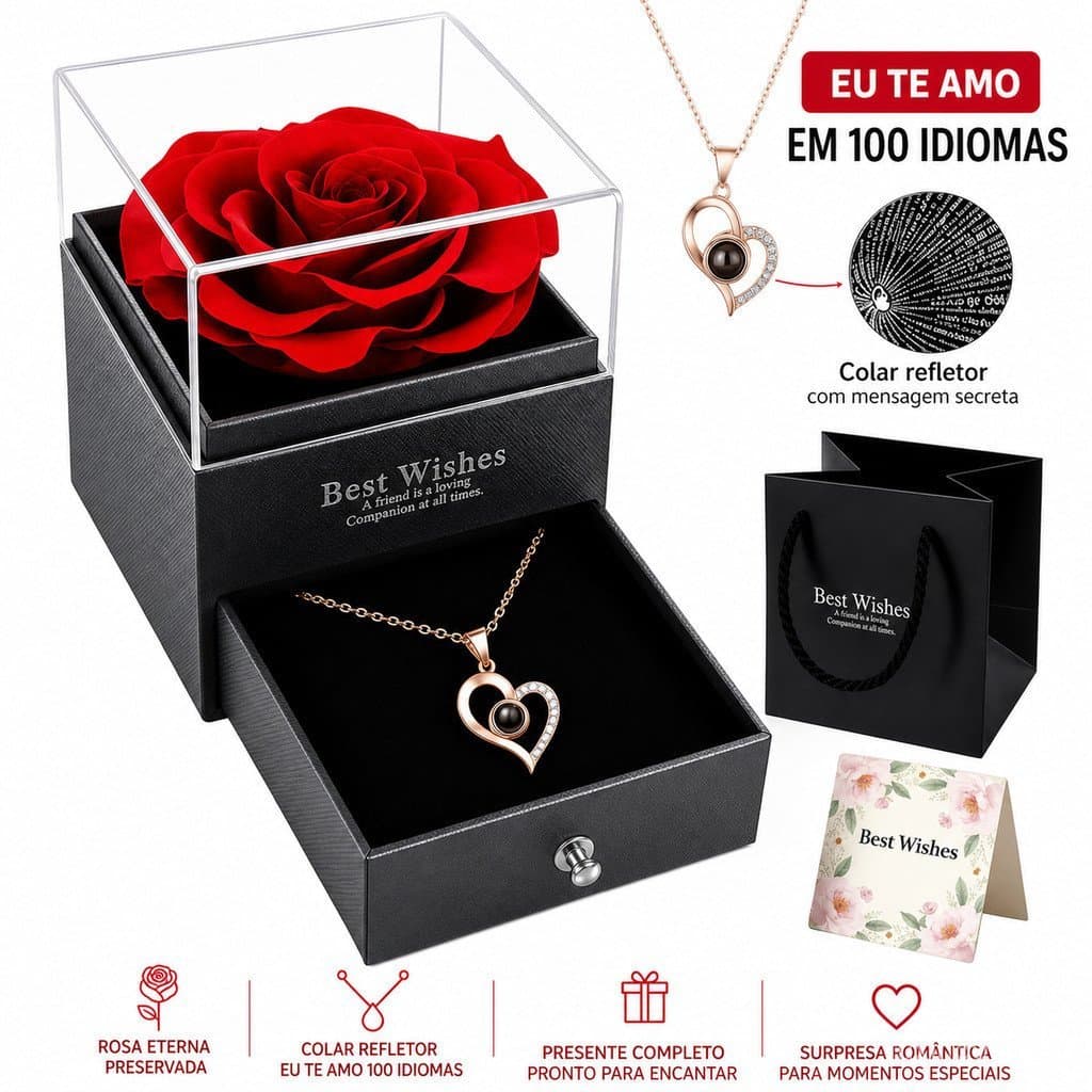 Caixa Presente Rosa Flor Eterna Preservada Colar Refletor Eu Te Amo 100 Idiomas Feminino Natal Romântico Surpresa