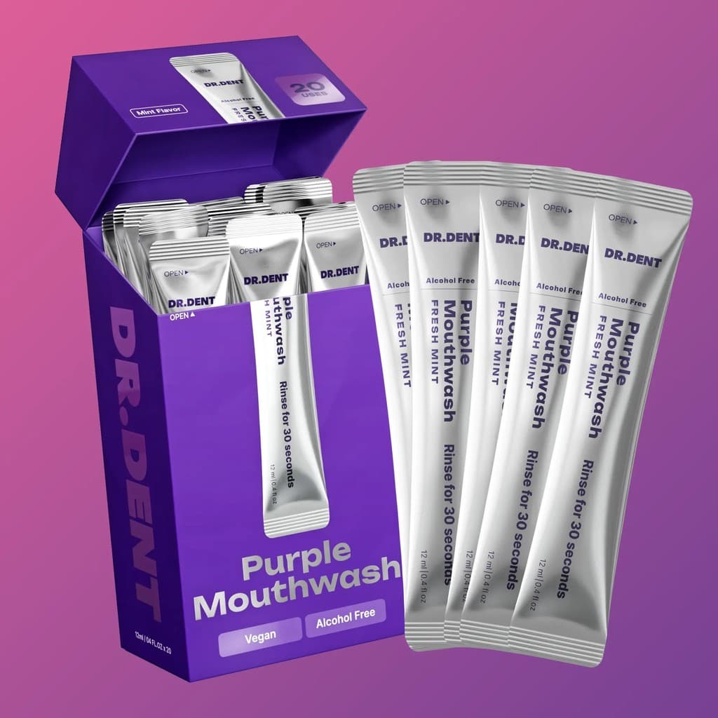 Enxaguante bucal roxo DR.DENT - Pacote com 20 sachês - Sem peróxido - Sem álcool - Sabor menta vegano