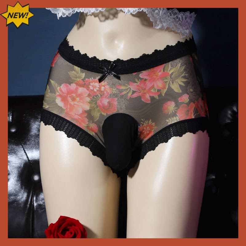 Roupa íntima masculina de malha de cintura média, renda impressa totalmente transparente, ultrafina, secagem rápida, res