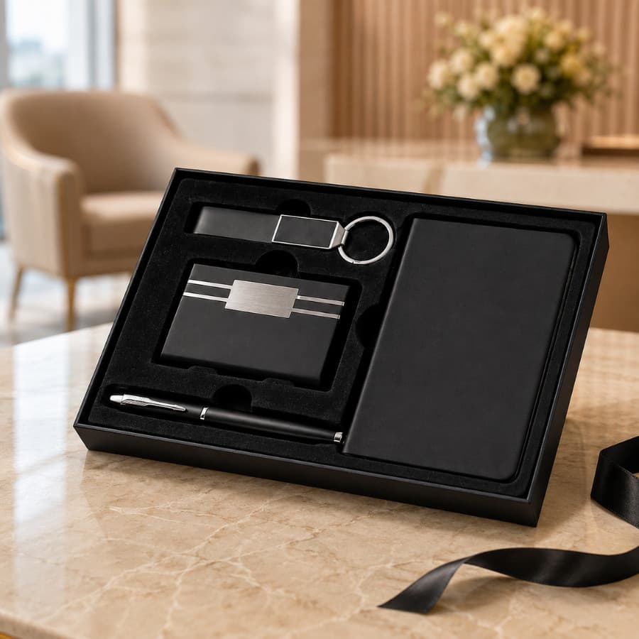 Kit Executivo Personalizado Caneta Caderneta Chaveiro Porta Cartão Gravação A Laser