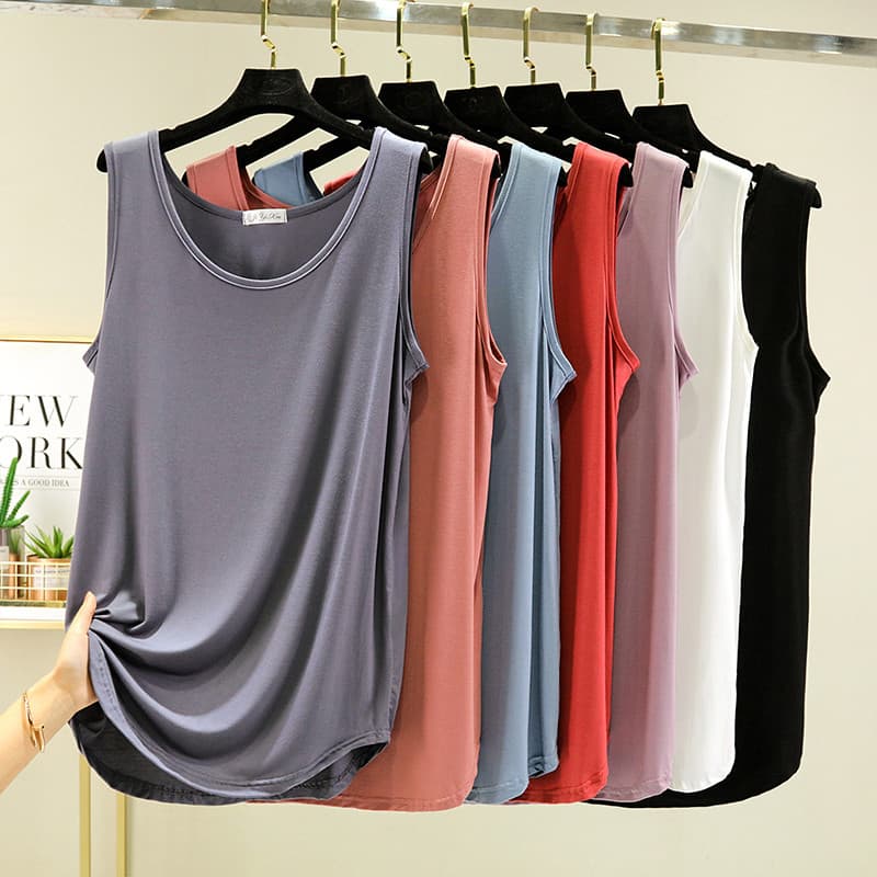 Camisola de comprimento médio feminina verão Modal solto camisa de fundo interior tamanho grande sem mangas cor sólida t