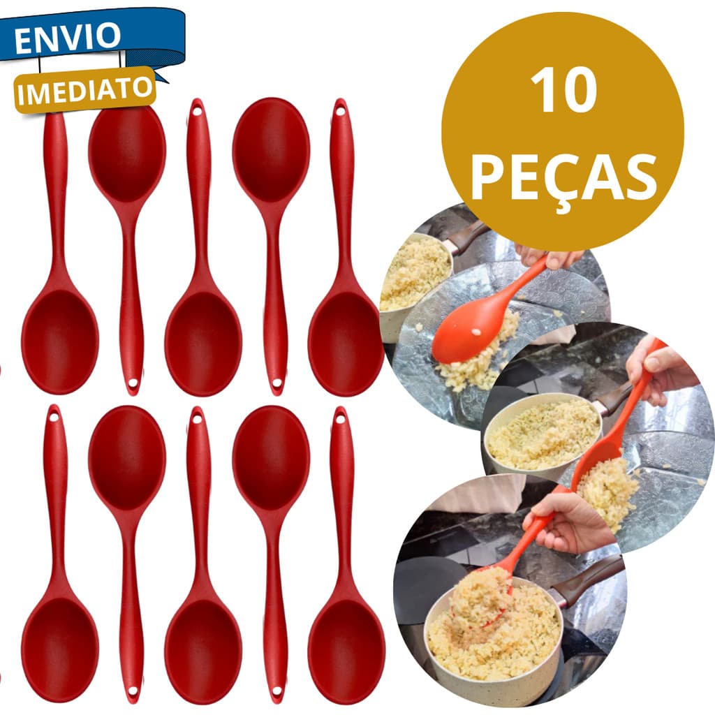 Kit 10 Colheres De Arroz Silicone 27cm Antiaderente Não Risca Panelas Utensilio Servir Culinário