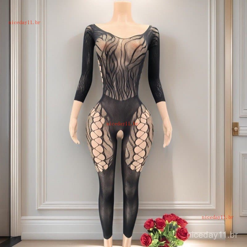 Body de manga comprida em malha transparente e elástica, roupa de dormir feminina, traje curto de malha para noite de fe