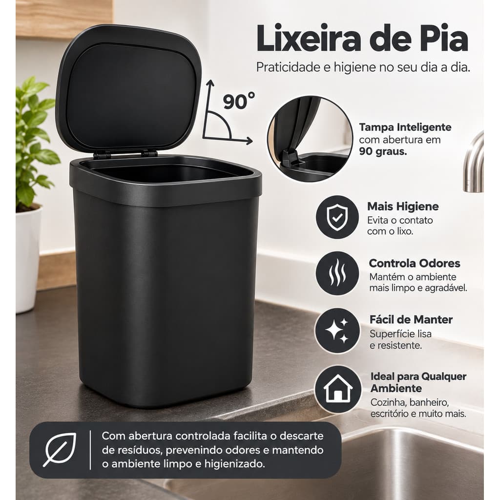 Lixeira cozinha de Pia 3,5L Com Tampa em 90 graus Preta