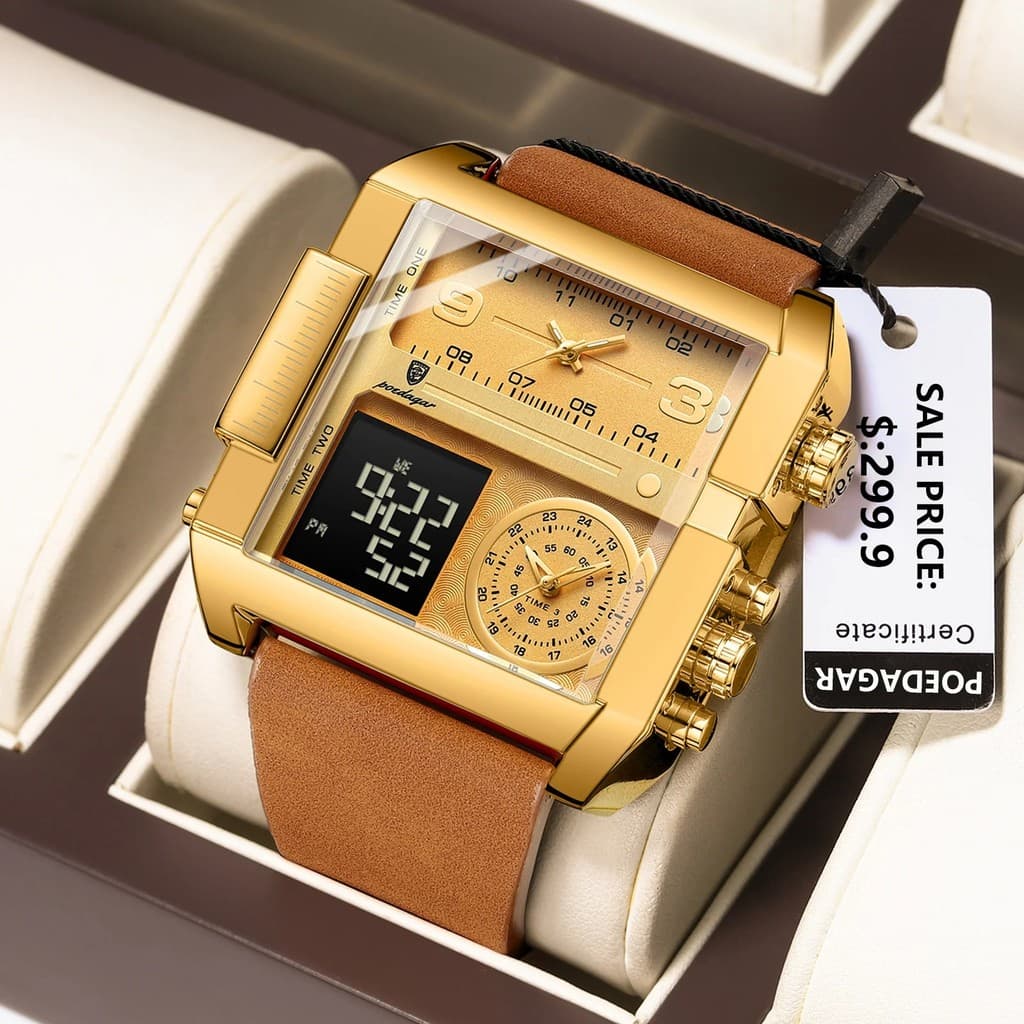 POEDAGAR Novo Esporte Casual Cronógrafo Relógio Masculino Vintage Quadrado Couro Reloj Para Hombre Luminoso À Prova Dwat