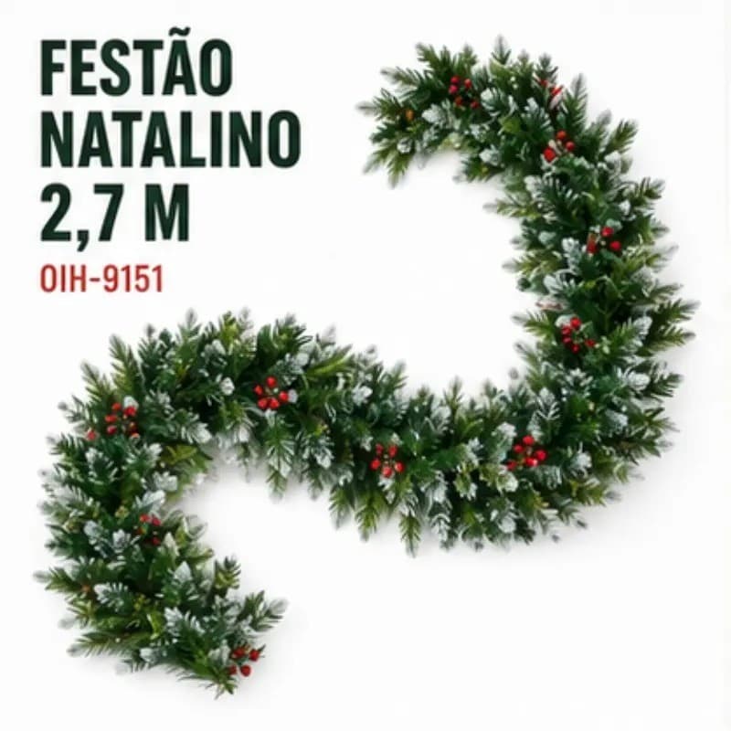 Festão Decorativo de Natal Verde com Folhas Pontiagudas e Detalhes Vermelhos 2,7M OIH-9151