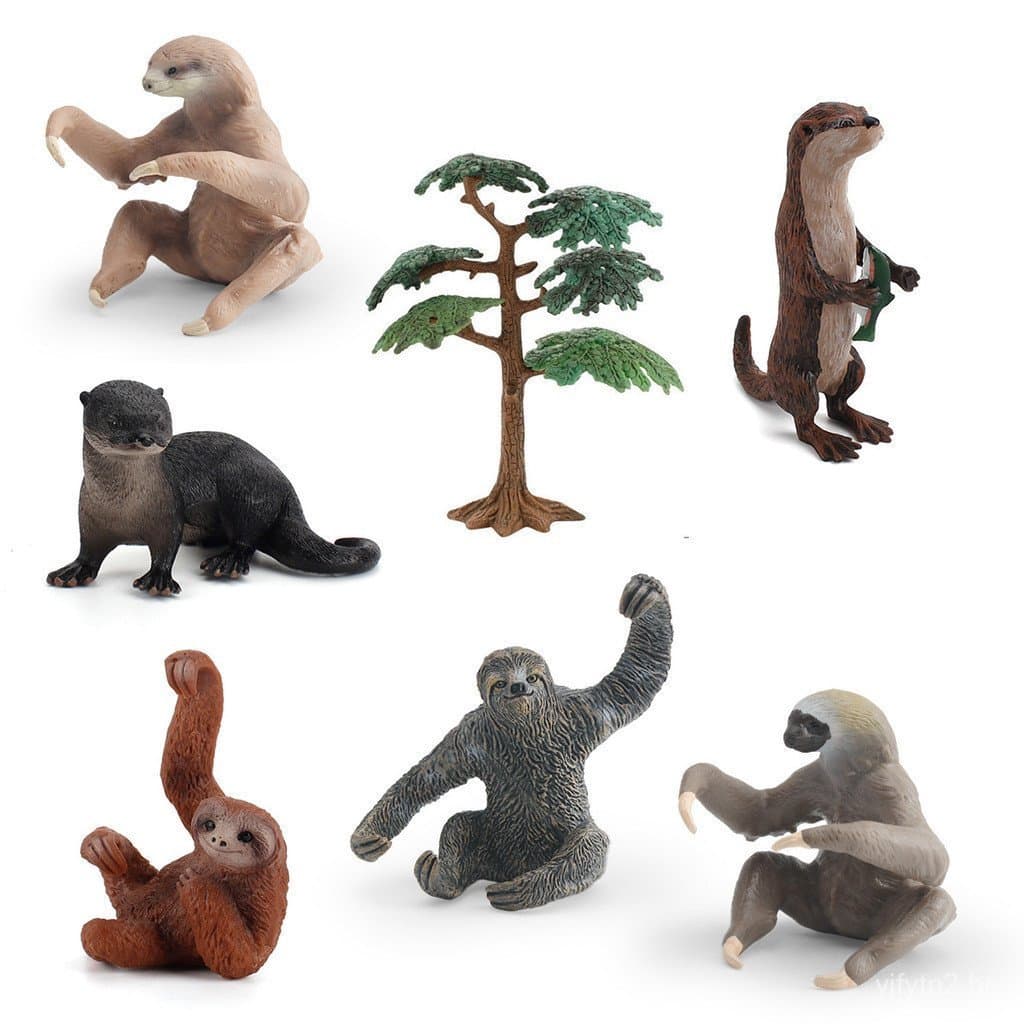 Modelos simulados de animais selvagens, brinquedos decorativos em forma de árvore, com temática de preguiça e lontra, pa