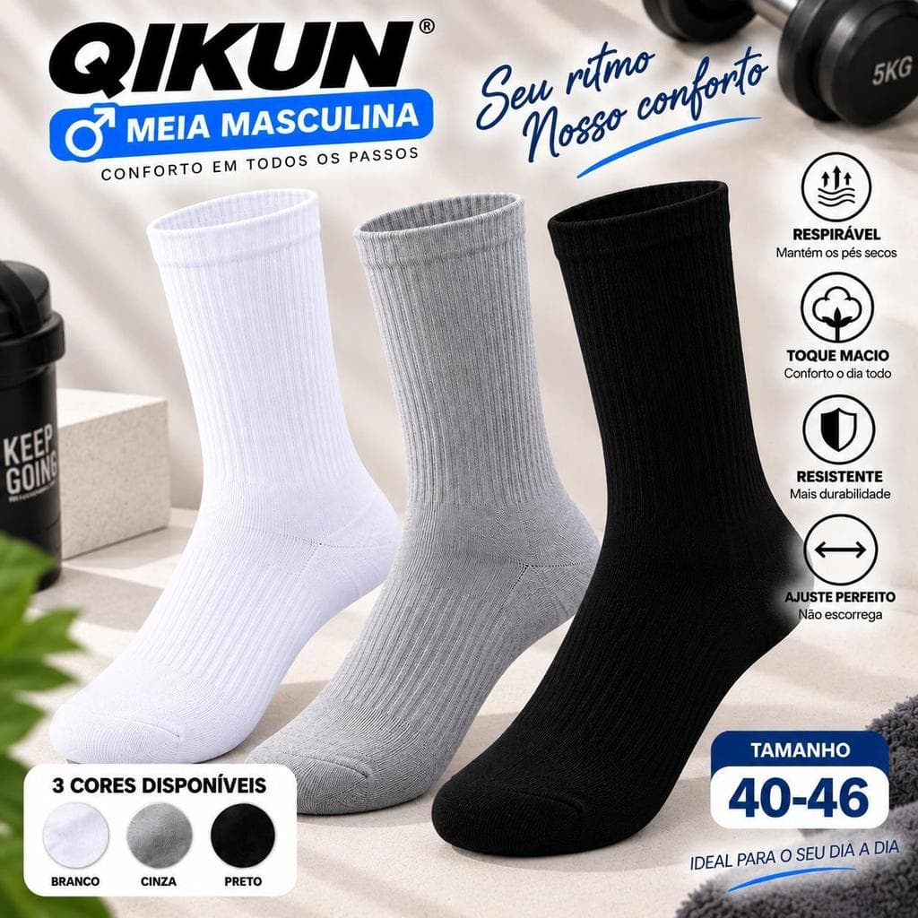 QIKUN Kit 6/12 Pares Meia Masculina Esportiva Cano Longo 40-46 Respirável Toque Macio Resistente Ajuste Perfeito