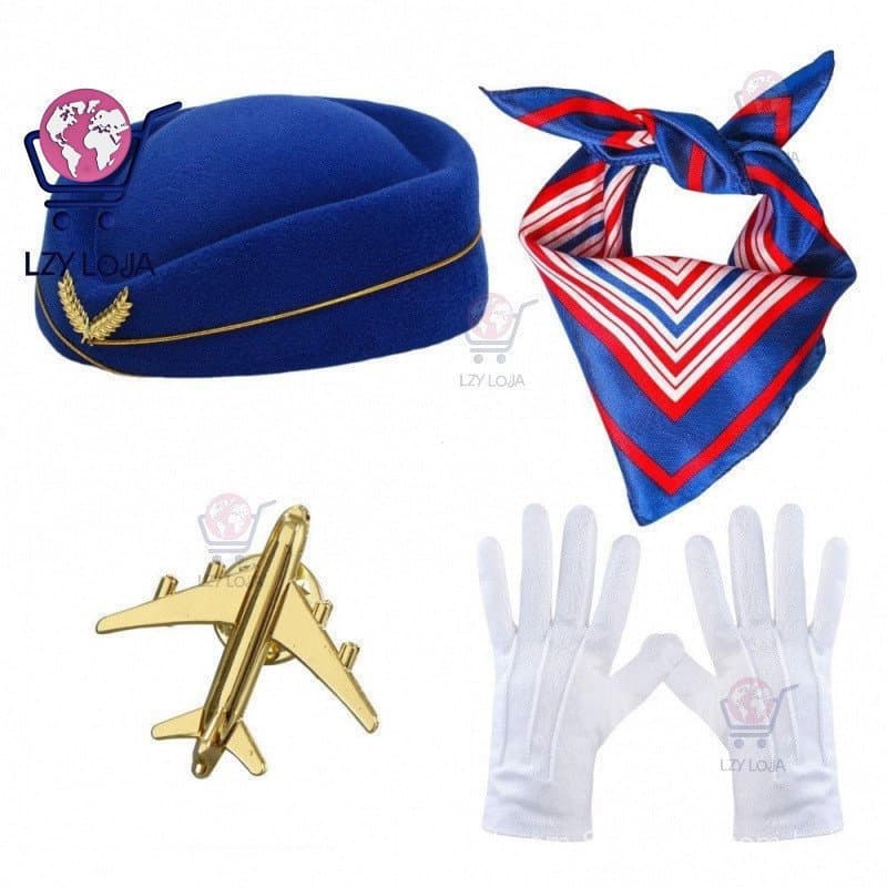 4 Pçs Feminino Comissário De Bordo Traje Acessórios Aeromoça Chapéu Cachecol Conjunto Cosplay Prop Para O Natal Hallowee