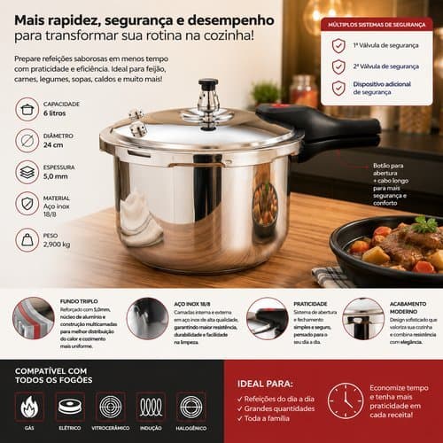 Panela Pressao Inox 6l Profissional Valvula Seguranca Alta Qualidade Frete Gratis