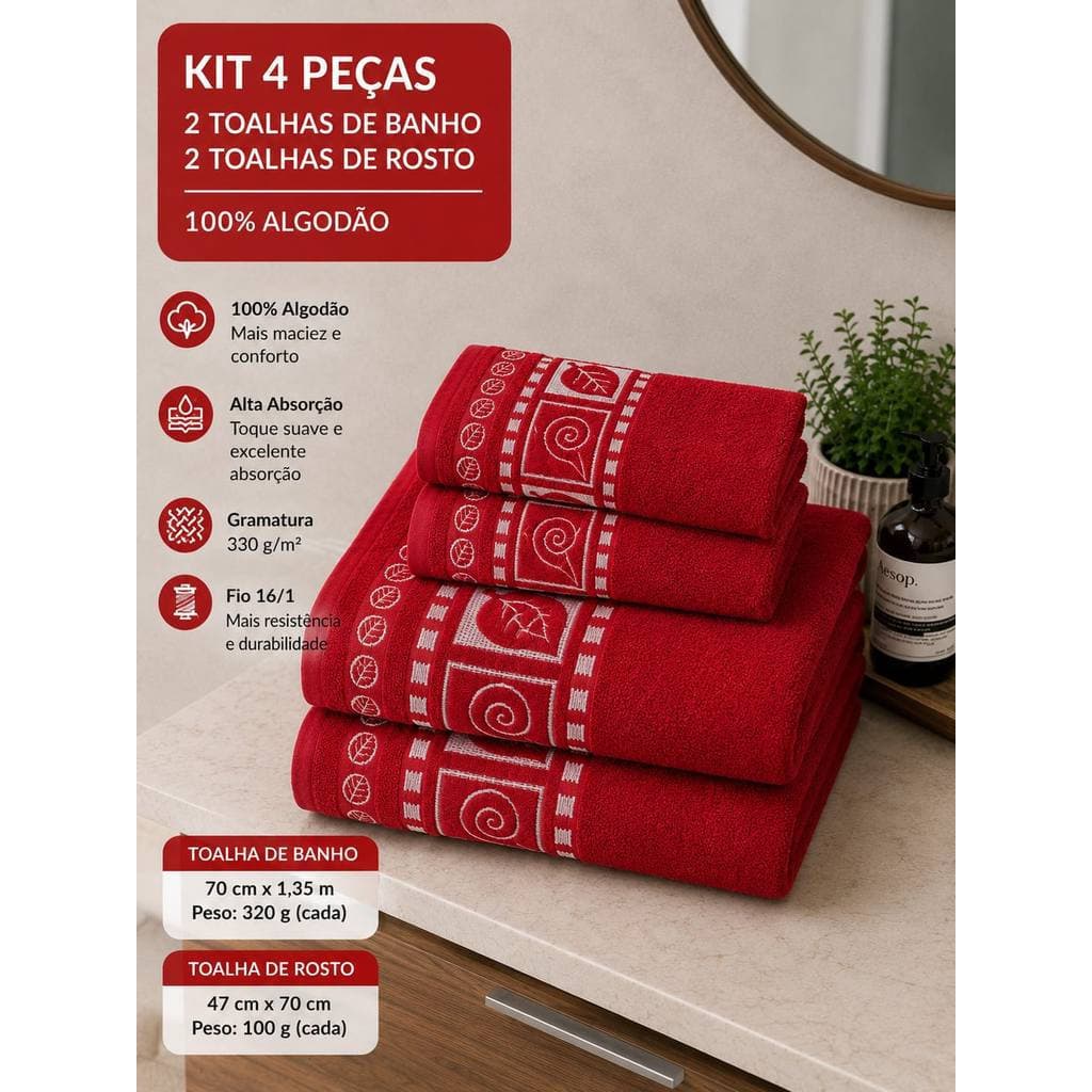 KIT 4 UN 2 TOALHA BANHO + 2 TOALHA ROSTO VERMELHA JASMIM