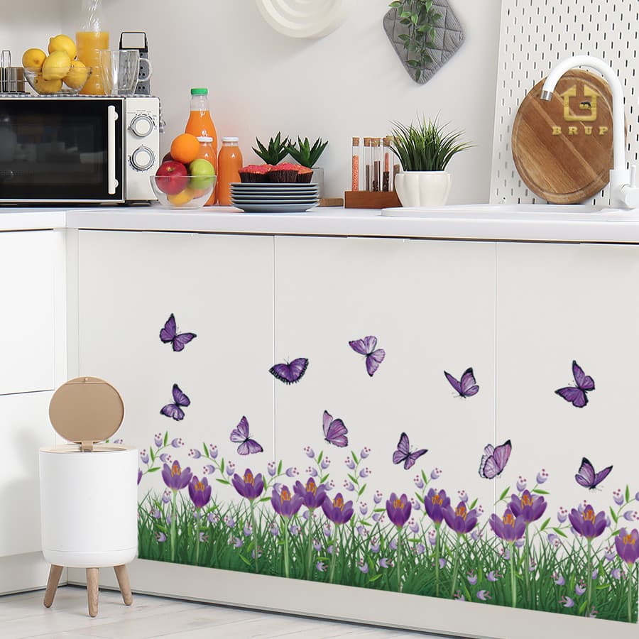 Adesivos de parede roxo borboleta tulipa flor fresco auto-adesivo adesivos de parede casa rodapé fogão decoração adesivo