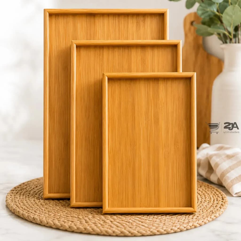 Kit 3 Bandejas Decorativas Retangulares para Servir Café e Chá na Cozinha