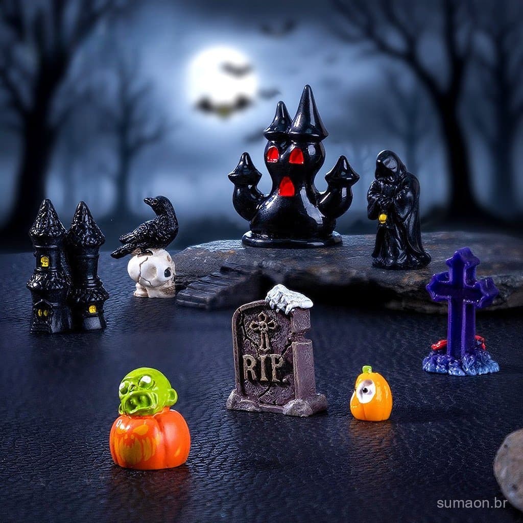 Kit 9 Bonequinhos Góticos Halloween, DIY Micro Paisagem para Decoração de Ambiente