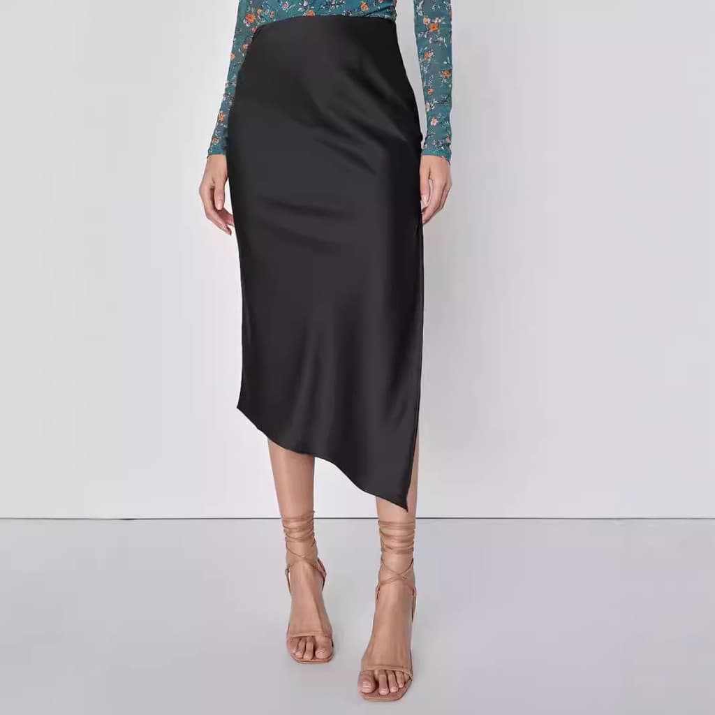 Saia de cetim feminina assimétrica cintura alta elástica saia longa elegante saia com fenda