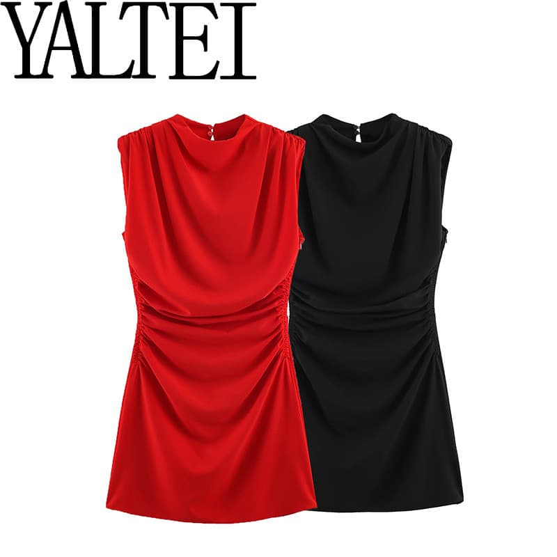 ZA Cross-Border AliExpress ins Mulheres Europeias Americanas Verão Novo Estilo Almofadas de Ombro Mini Vestido Plissado2