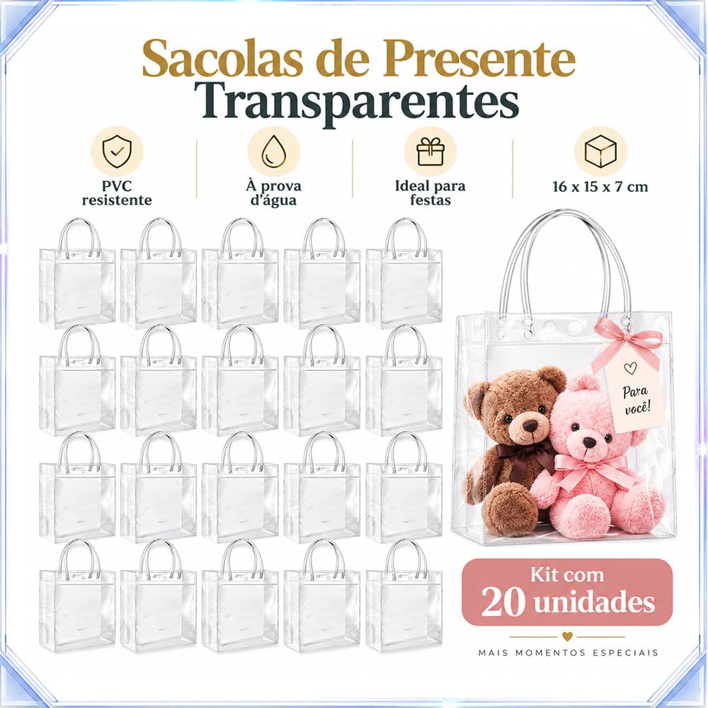 20 sacolinhas transparentes para presentes, 16x15x7cm , de PVC, impermeáveis e resistentes, ideais para festas