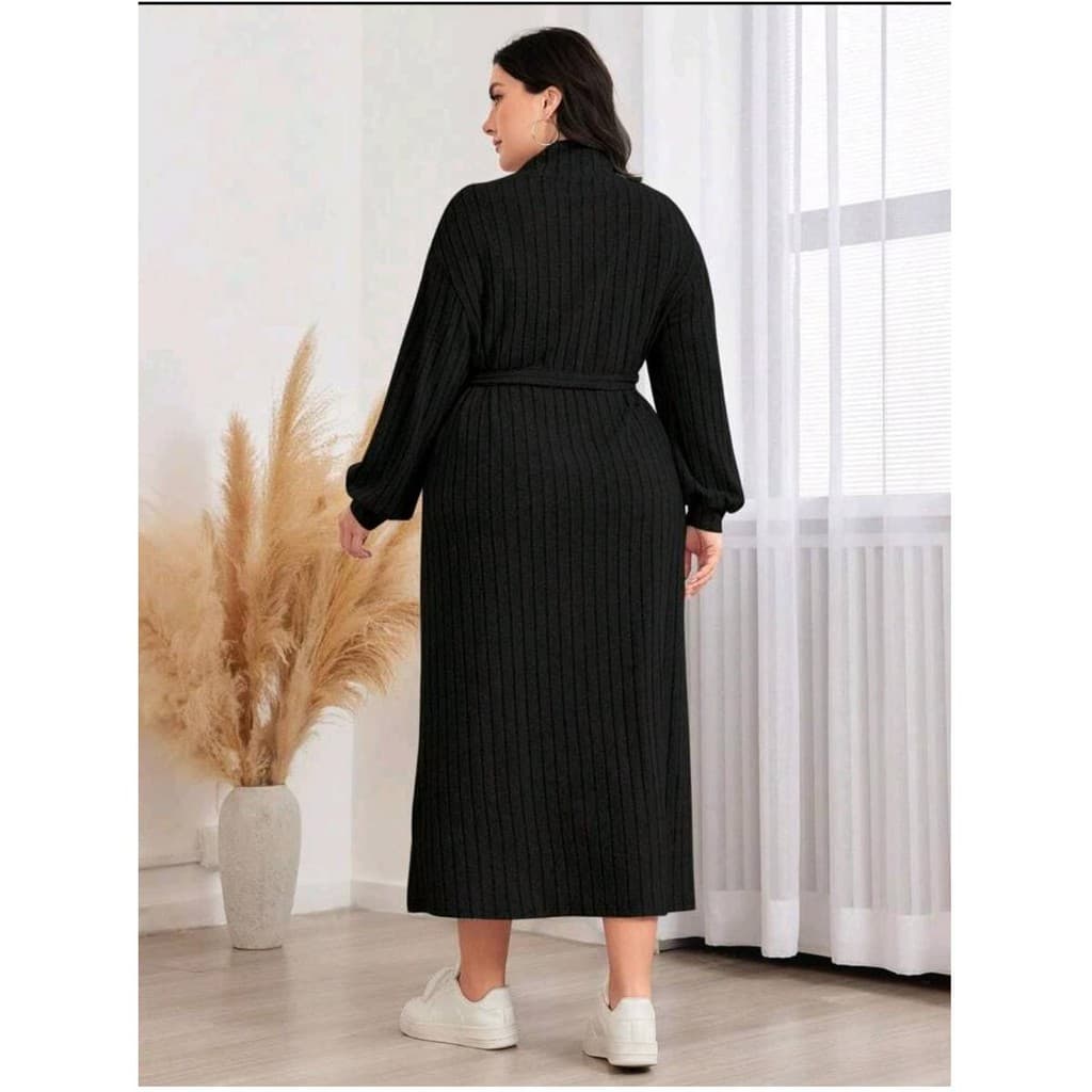 Vestido Casual Manga De Lanterna Com detalhes de Botão e Cinto Preto