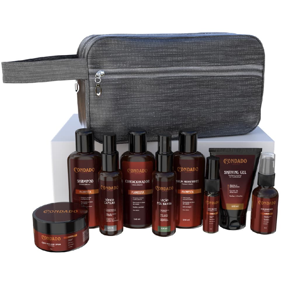 Kit Barba Necessaire Cinza Floresta Tônico Crescimento Óleo Hidratante Condicionador Shampoo Balm