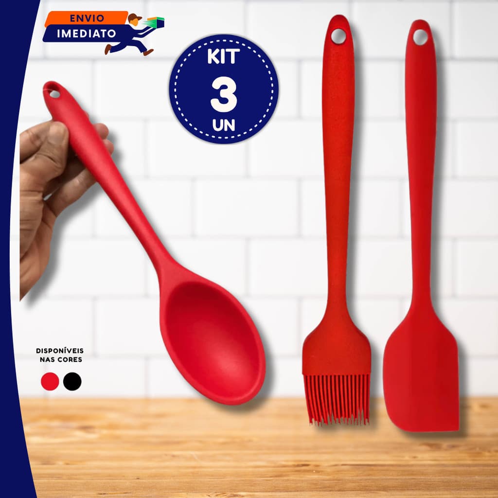 01 ou 03 Utensílios De Silicone Para Cozinha - Colher, Pincel Culinário e Espátula Pão Duro Vermelho E Preto