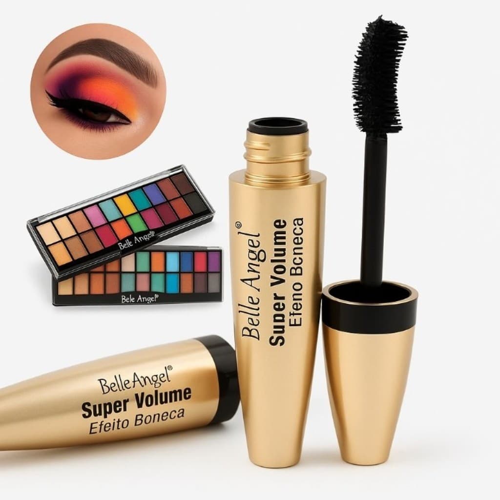 Kit Belle Angel Paleta de Sombras B105 28 Cores + Rímel Efeito Boneca B039 Olhar Marcante e Poderoso