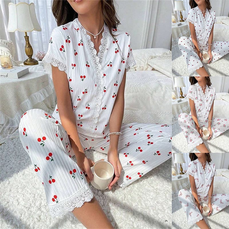 Senhoras Loungewear cereja impressão solúvel em água bordado renda calças de manga curta podemos nós