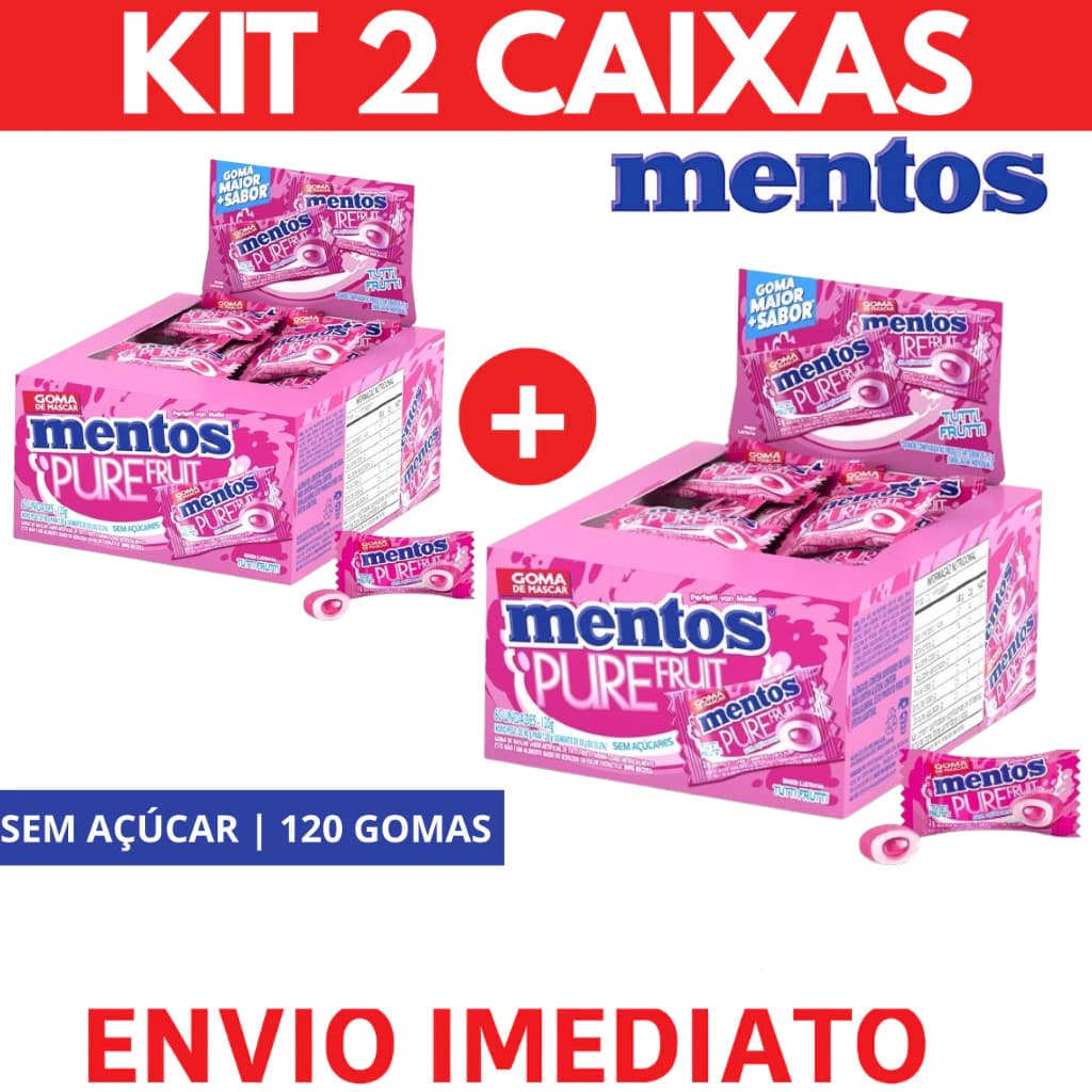 Chiclete Mentos Pure Fruit Tutti-Frutti Kit 2 Caixas (120 Gomas) Sem Açúcar | Envio Imediato