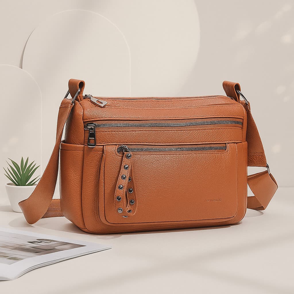 Bolsa Feminina Transversal de Ombro em Couro Sintético com Zíper e Múltiplos Bolsos 2729