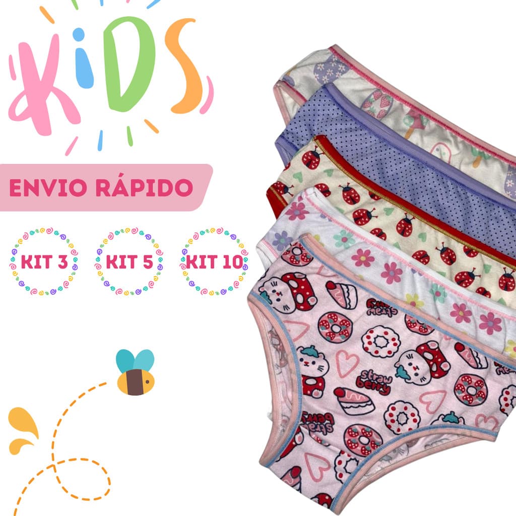 CALCINHA INFANTIL CRIANÇA EM POLIÉSTER FORRO 100% ALGODÃO COLORIDA