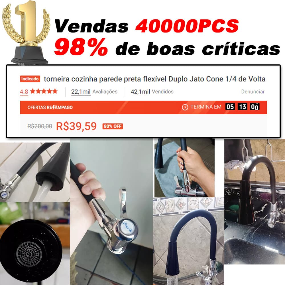 Torneira de cozinha preta montada na parede, com Sprinkler duplo flexível, 1/4 de volta