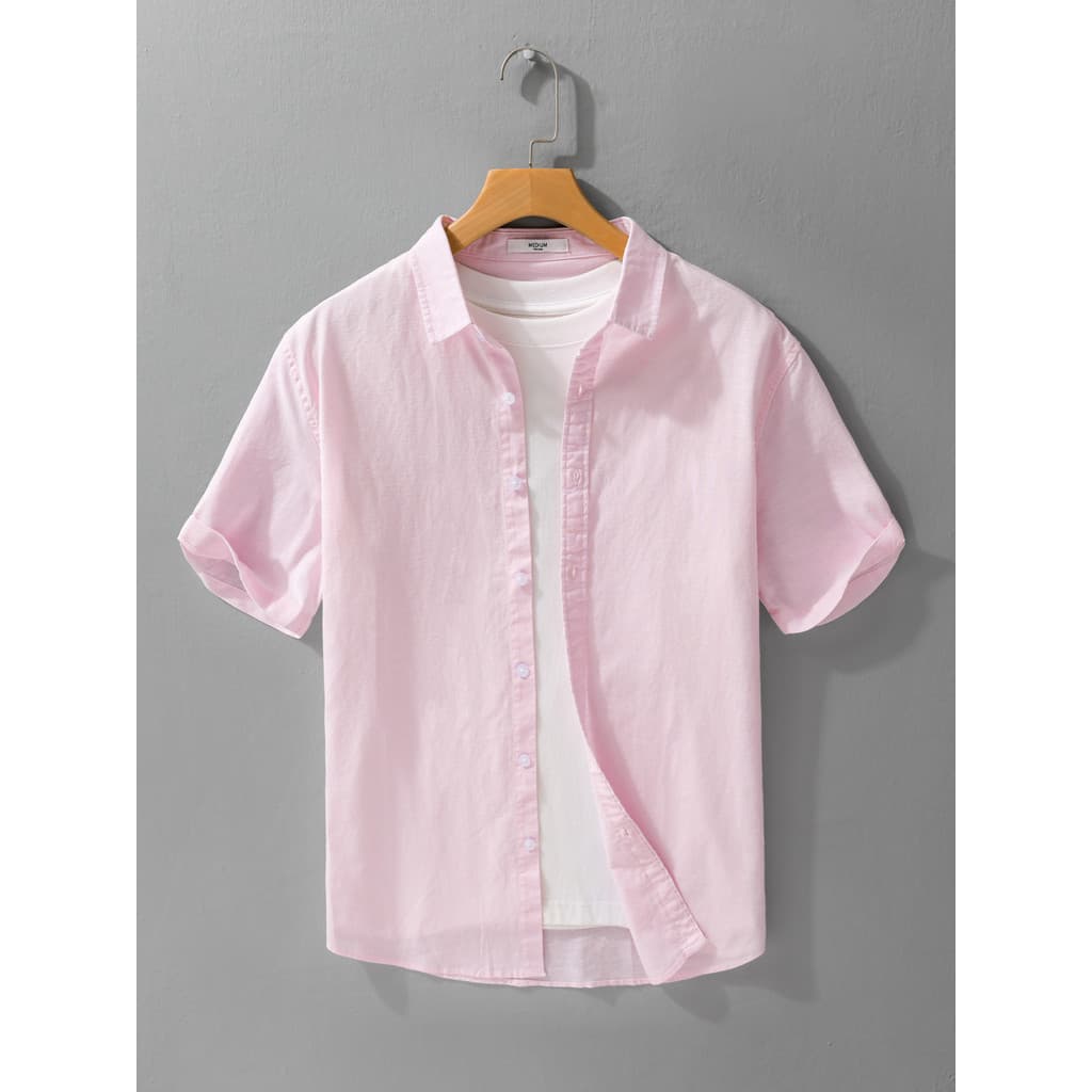 Wenwenerya camisa de manga curta de linho rosa masculina feminina verão fresco literário juventude sentimento camisa de