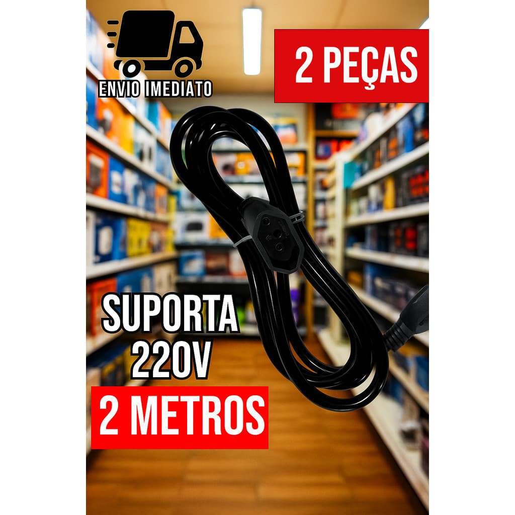 Kit 2 Prolongador Preto Extensão Elétrica Extensor de Cabo 2 e Metros Bivolt 110v e 220v