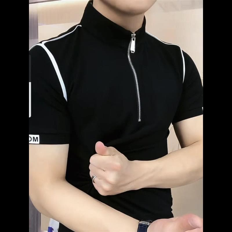 Estação europeia na moda masculina de manga curta gola alta zíper frente ombro contraste cor camiseta Polo luz luxo verã