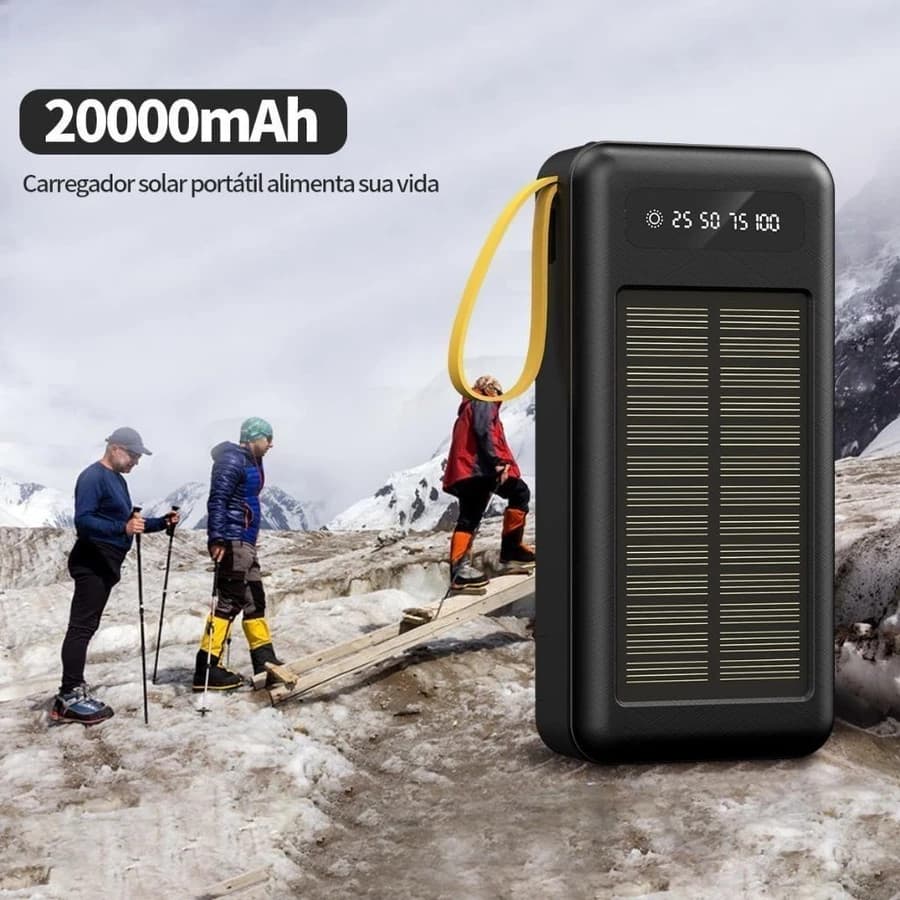 Banco de Energia Solar 20000mAh 5-em-1 Portátil com Lanterna LED e Cabos Multiuso