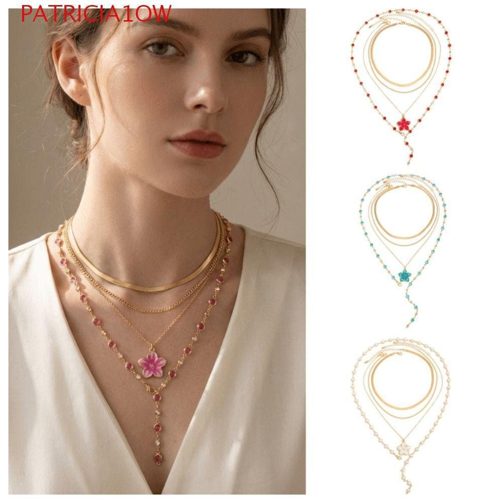 PATRICIA1OW Conjunto De Colar Cruzado , Empilhado De Metal Com Pingente De Flor De Miçangas , Corrente De Clavícula Empi