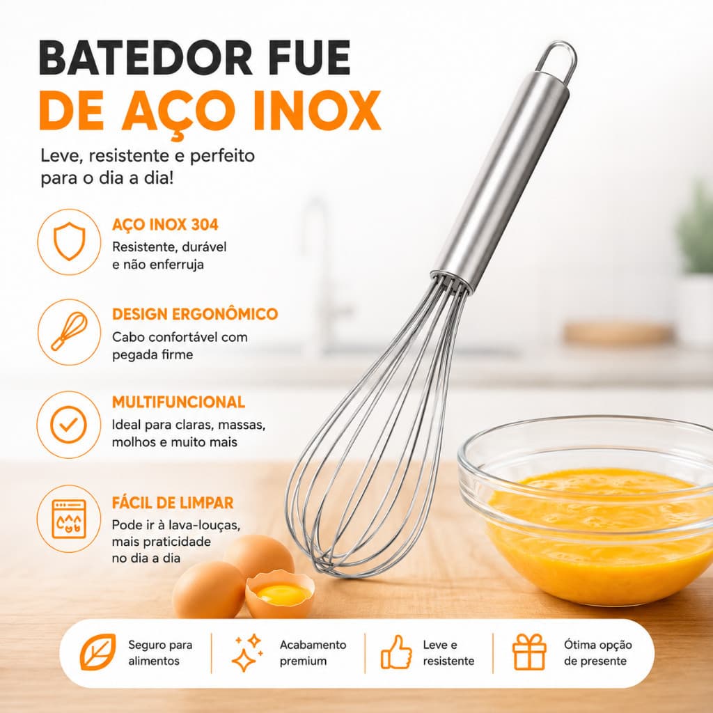 Kit Batedor Fouet Profissional De Ovos e Massas Inox Utensílios Cozinha 26cm