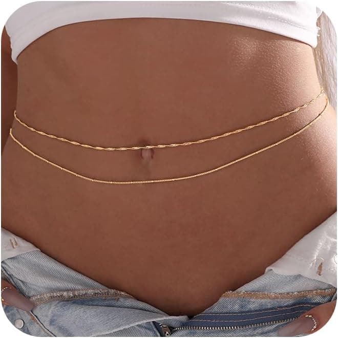 Amicon 2PCS Corrente de Cintura Banhada a Ouro 18K, Corrente de Corpo Estilo Satélite, Correntes de Cintura em Corda em