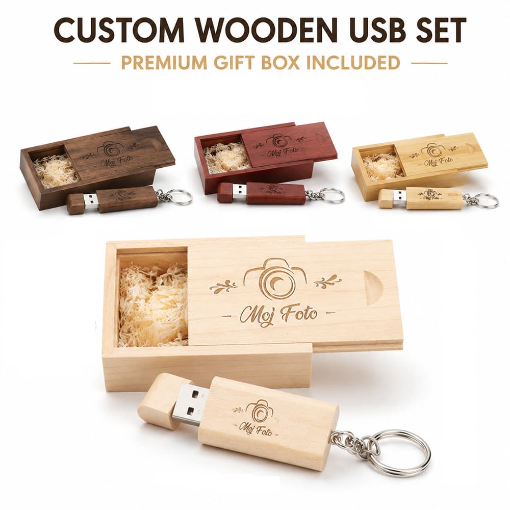 Conjunto De Unidade USB De Madeira Personalizada , Gravação Gratuita , Caixa De Presente , Bordo , Nogueira , Memória Fl