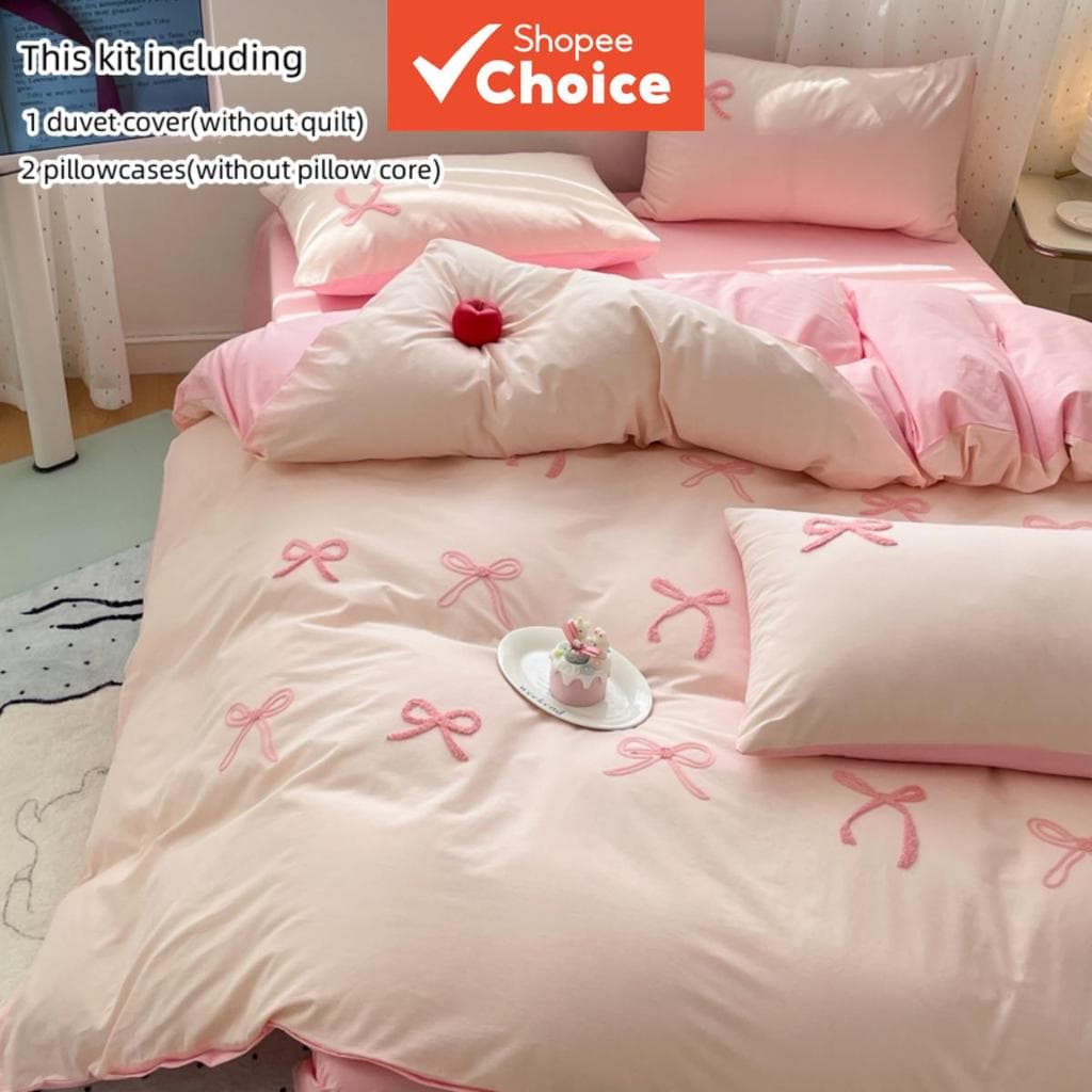 Capa de edredom com bordado em 3D de laço rosa, conjunto de 3 peças, fechamento com zíper, respirável, macio, sem