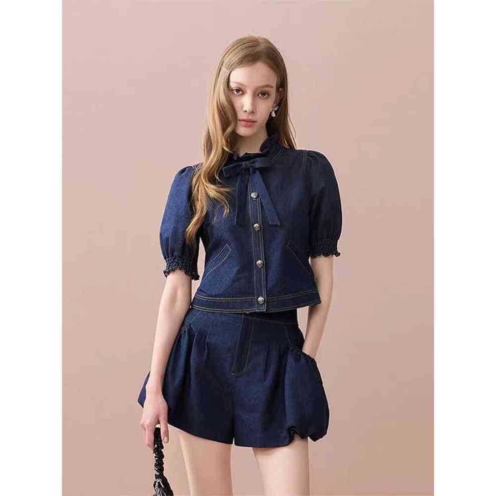 Manga Puff topo Denim shorts conjunto de duas peças feminino pequeno verão gola Bowknot jaqueta shorts de perna larga co