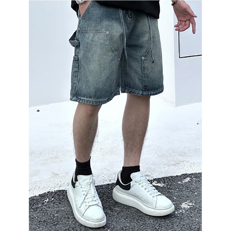 Rebite costura Denim Shorts masculino verão rua Wear cleanfit registro macacão solto em linha reta cinco pontos médio