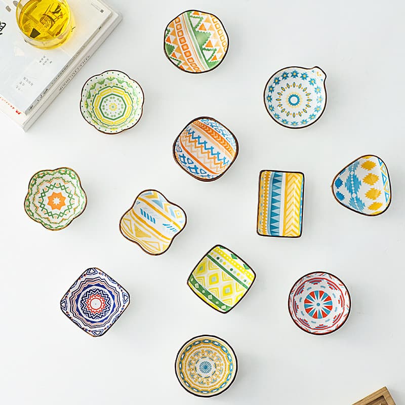 Prato de sabor cerâmico estilo boêmio, prato de tempero para mergulho, prato criativo de vinagre de cor Underglaze, prat