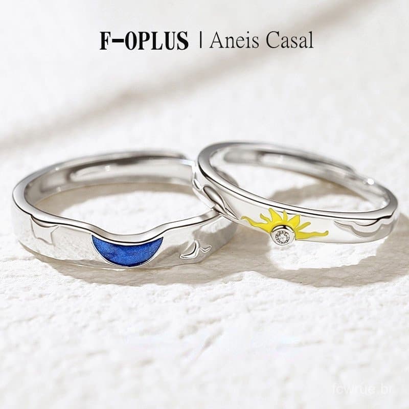 F-OPLUS | Anel Aliança de Sol e Lua Ajustável Par de Aliança de Namoro Compromisso com Caixa CRC122